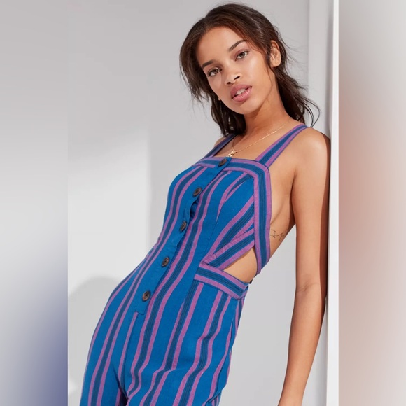 UO Ameliana Straight-Neck Button-Down Jumpsuit Linen Blend Blue Purple Size 10 - Picture 5 of 9